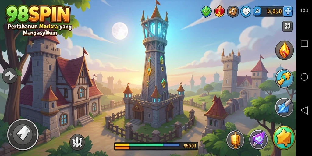 Tampilan gameplay 98SPIN dengan menara pertahanan yang beragam.