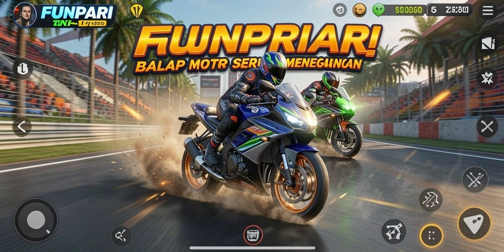 Tampilan gameplay FUNPARI yang mendebarkan dan penuh aksi balap motor.