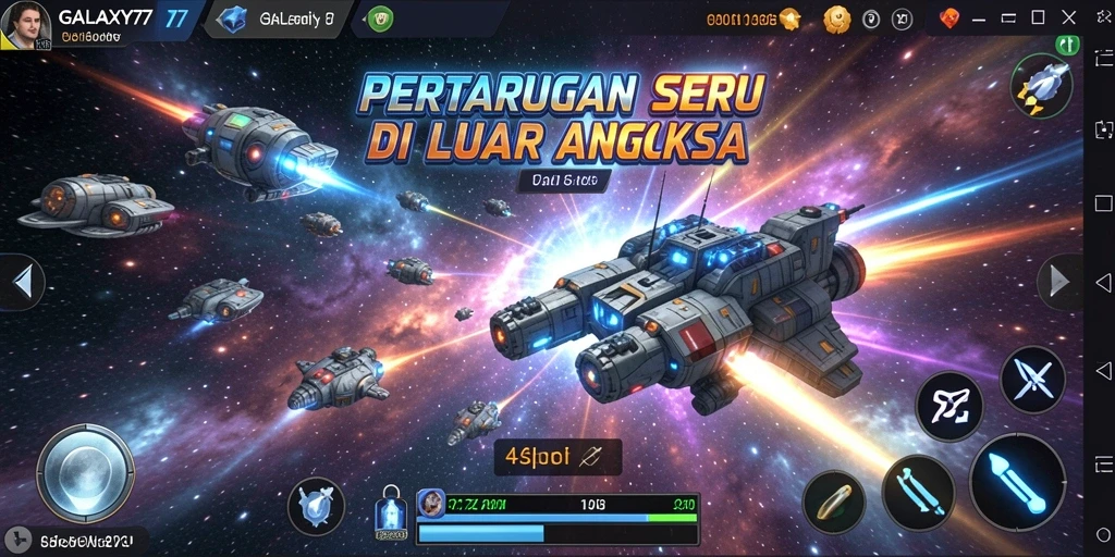 Screenshot gameplay GALAXY77 yang menampilkan pertarungan seru di luar angkasa.