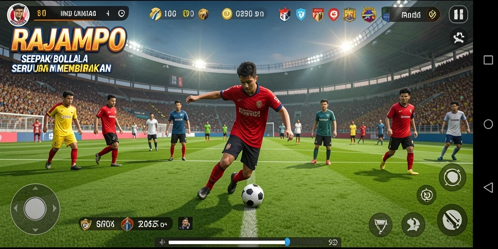 Tampilan utama gameplay RAJAMPO menampilkan aksi seru sepak bola.